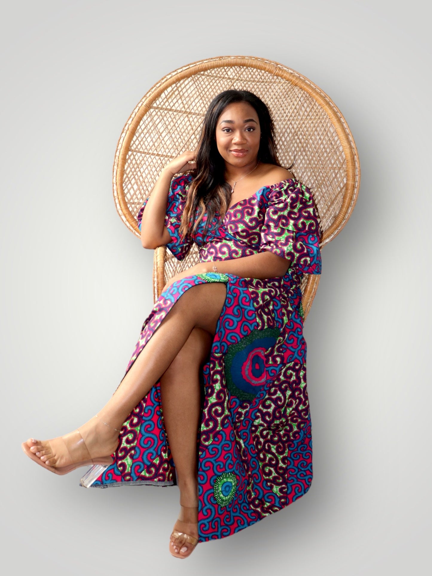 Wrap Top en Maxi Rok met Slit Co-ord Set - Blauw/Roze