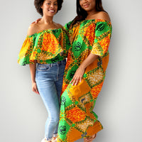 Off Shoulder Top van Afrikaanse Pront - Groen/Oranje
