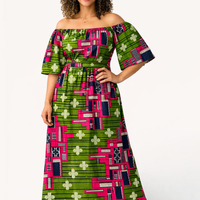 Afrikaanse Stof /Multicolor Geometrisch (Groen/Roze)100%katoen