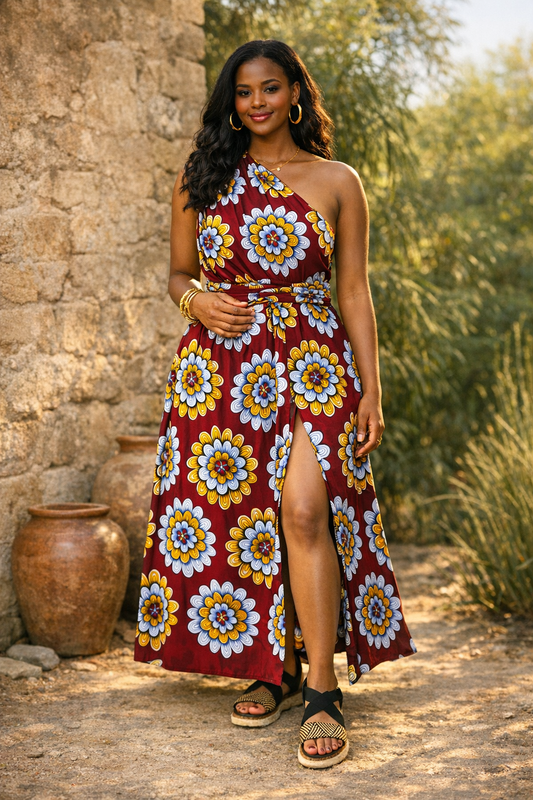 Infinity Multiway Maxi Jurk van Afrikaanse Print - Bordeaux met Bloemen