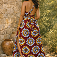 Infinity Multiway Maxi Jurk van Afrikaanse Print - Bordeaux met Bloemen