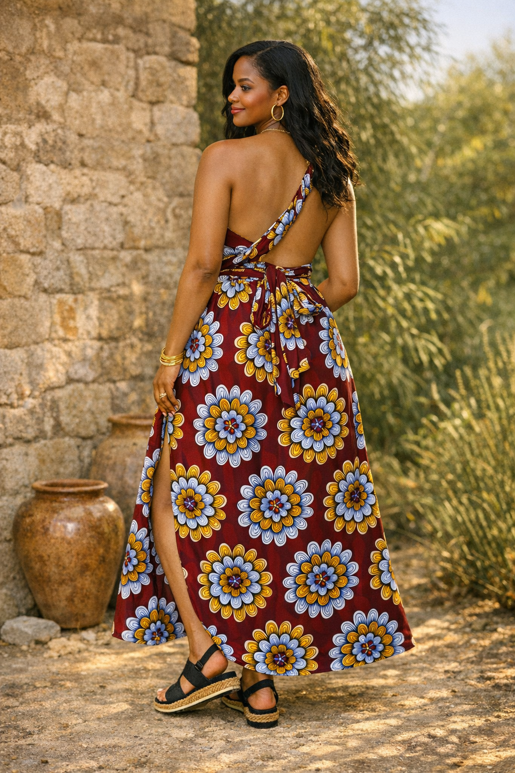 Infinity Multiway Maxi Jurk van Afrikaanse Print - Bordeaux met Bloemen