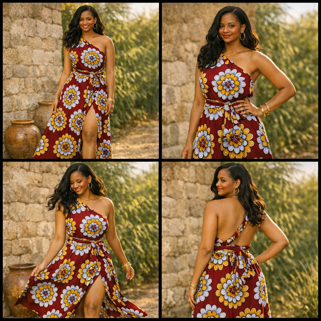Infinity Multiway Maxi Jurk van Afrikaanse Print - Bordeaux met Bloemen