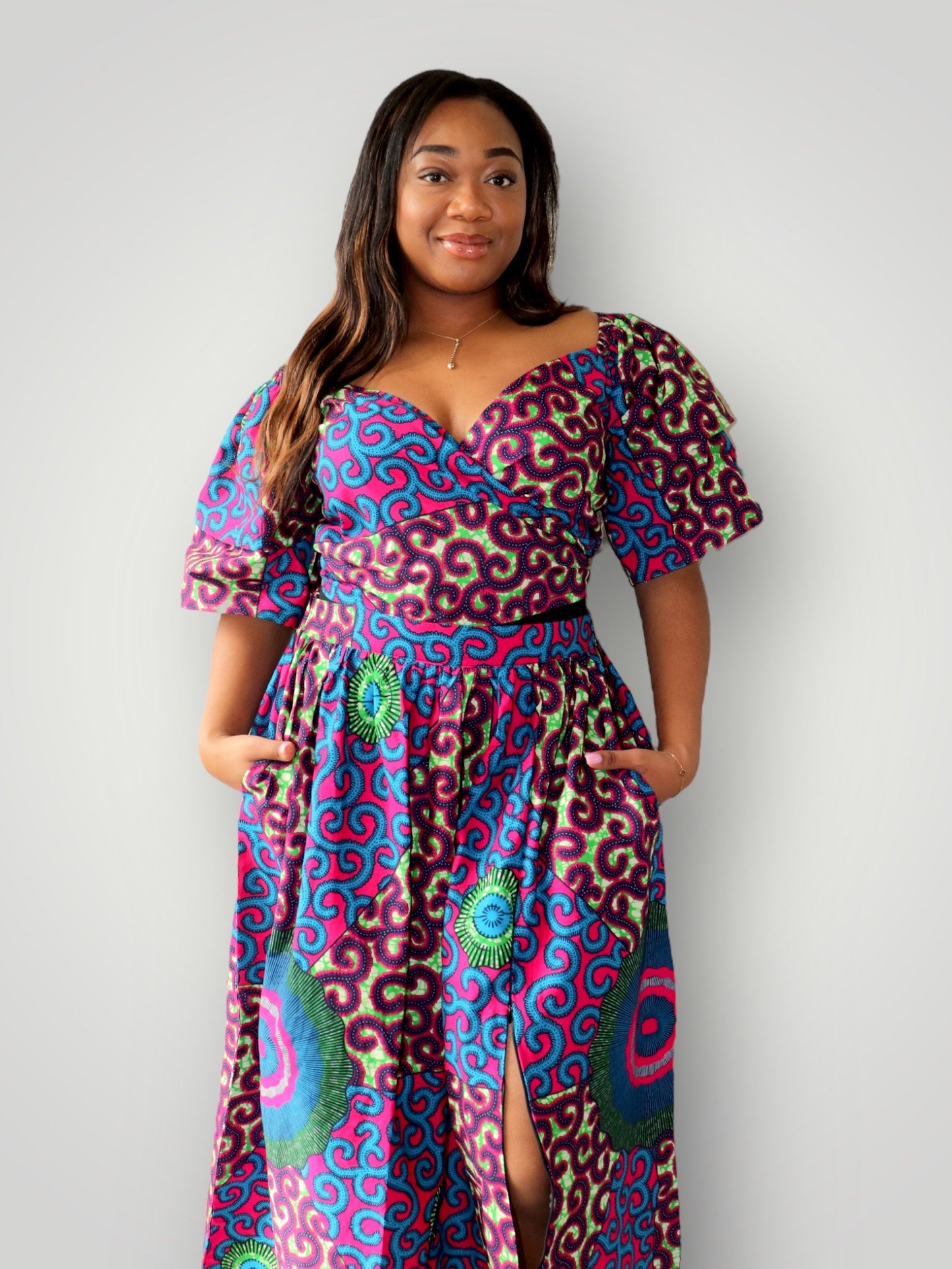 Wrap Top en Maxi Rok met Slit Co-ord Set - Blauw/Roze