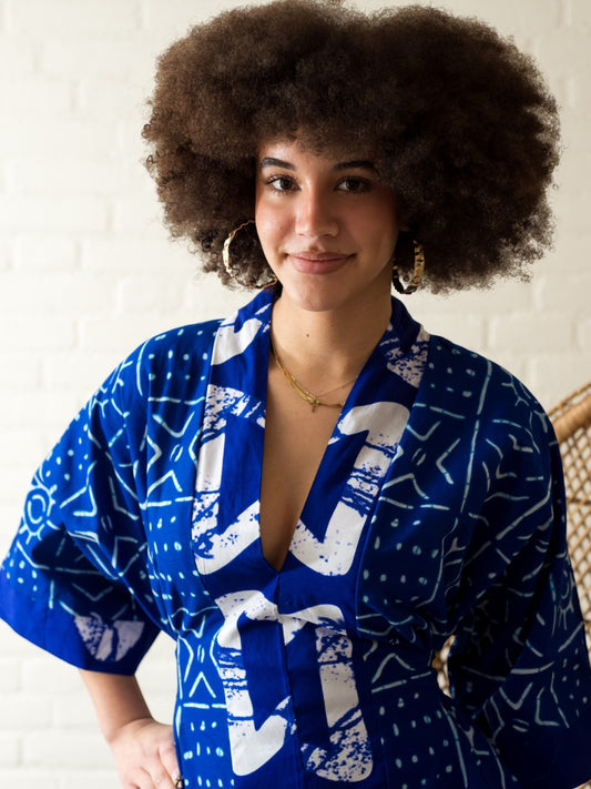 Kobaltblauwe Bubu Jurk-Batik Print