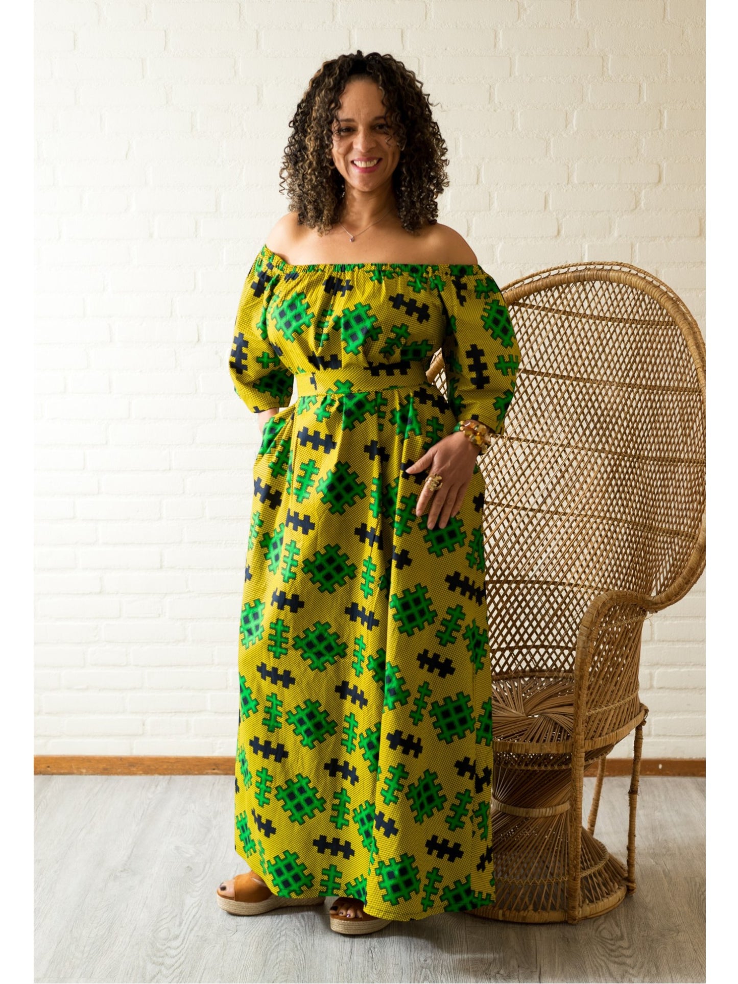 Rich Aunty Off-shoulder Maxi-jurk Limegroen & Zwart