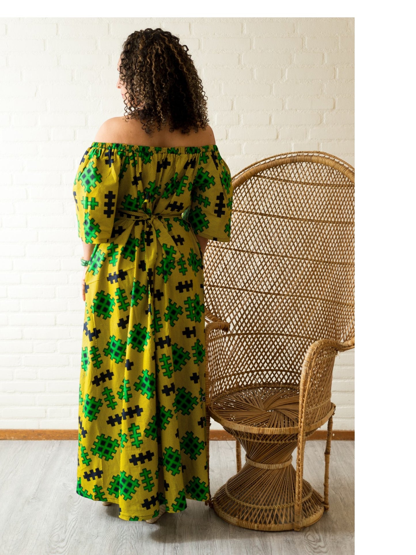 Rich Aunty Off-shoulder Maxi-jurk Limegroen & Zwart