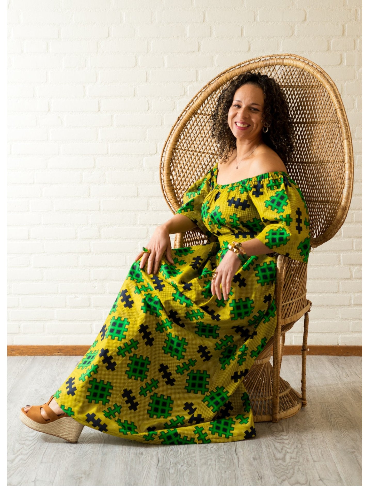 Rich Aunty Off-shoulder Maxi-jurk Limegroen & Zwart