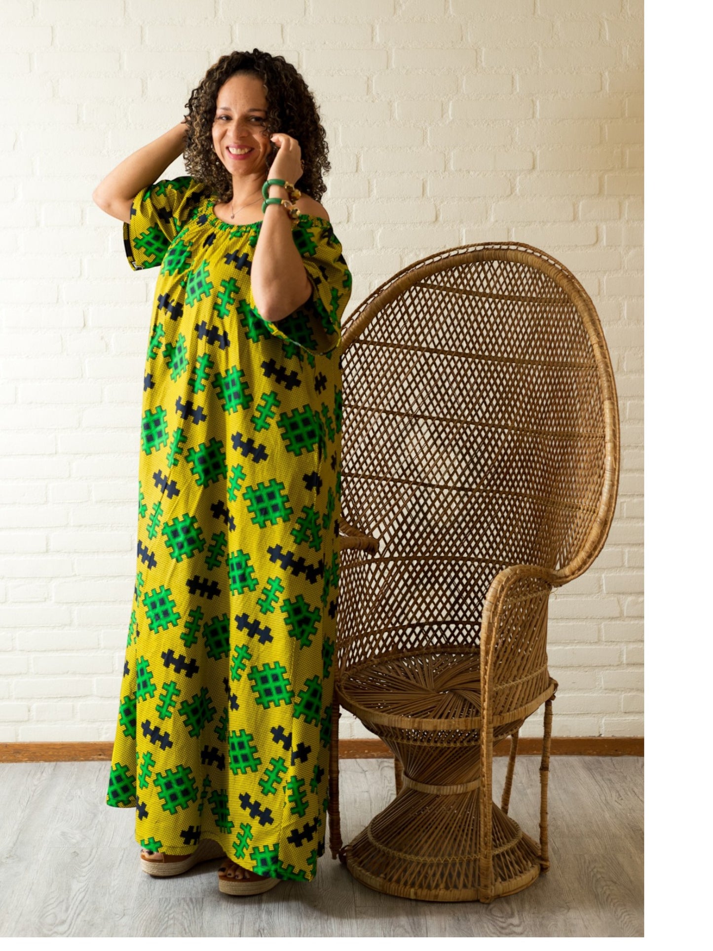 Rich Aunty Off-shoulder Maxi-jurk Limegroen & Zwart