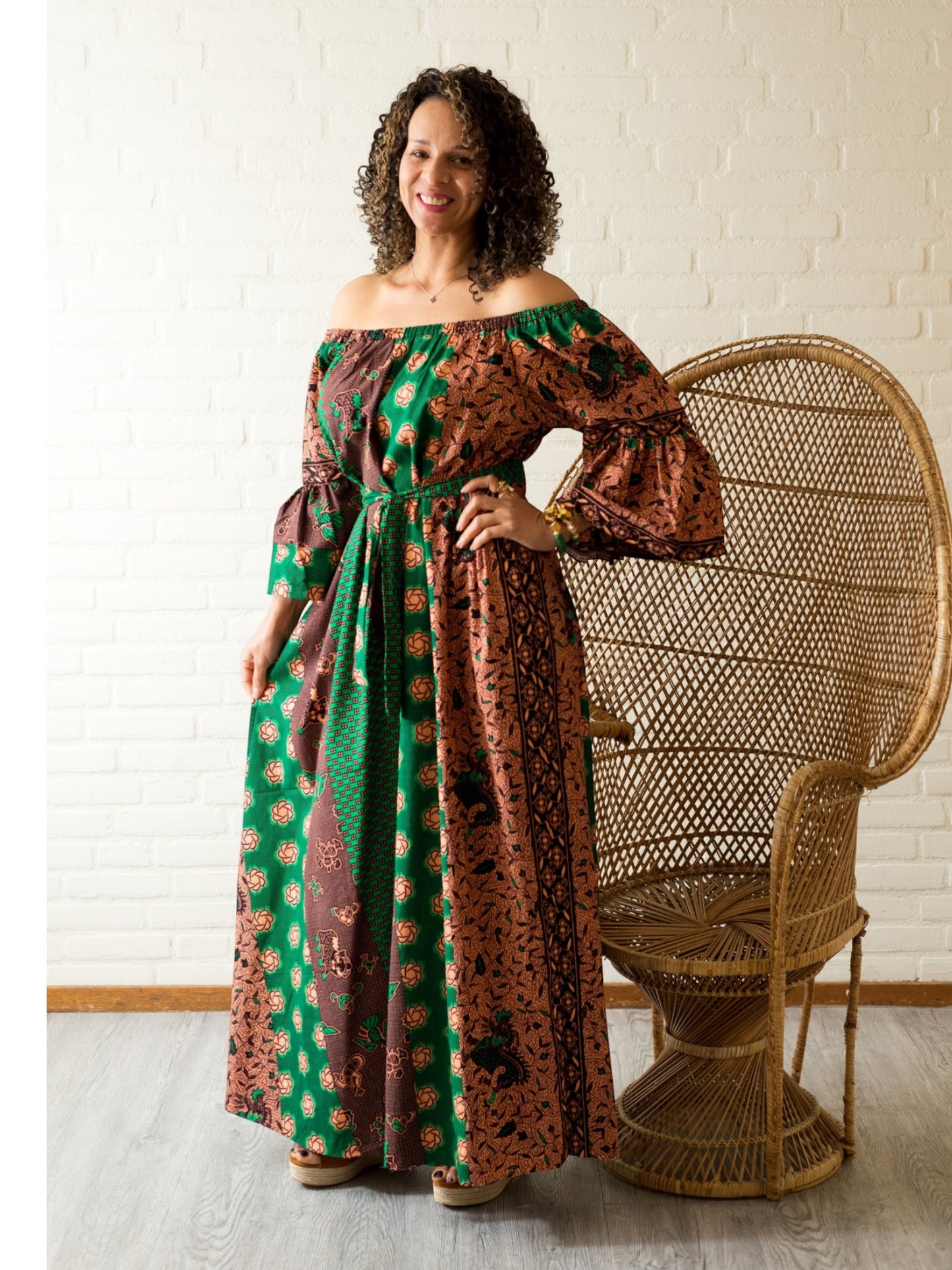Rich Aunty Off-shoulder Maxi-jurk Groen &Bruin