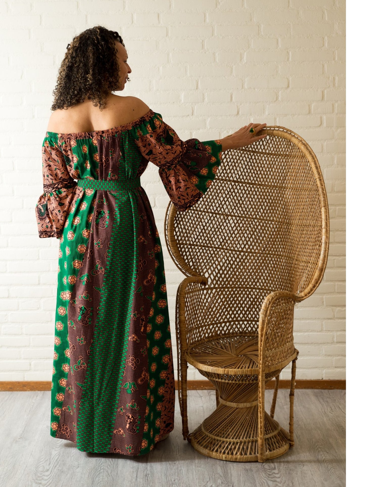 Rich Aunty Off-shoulder Maxi-jurk Groen &Bruin
