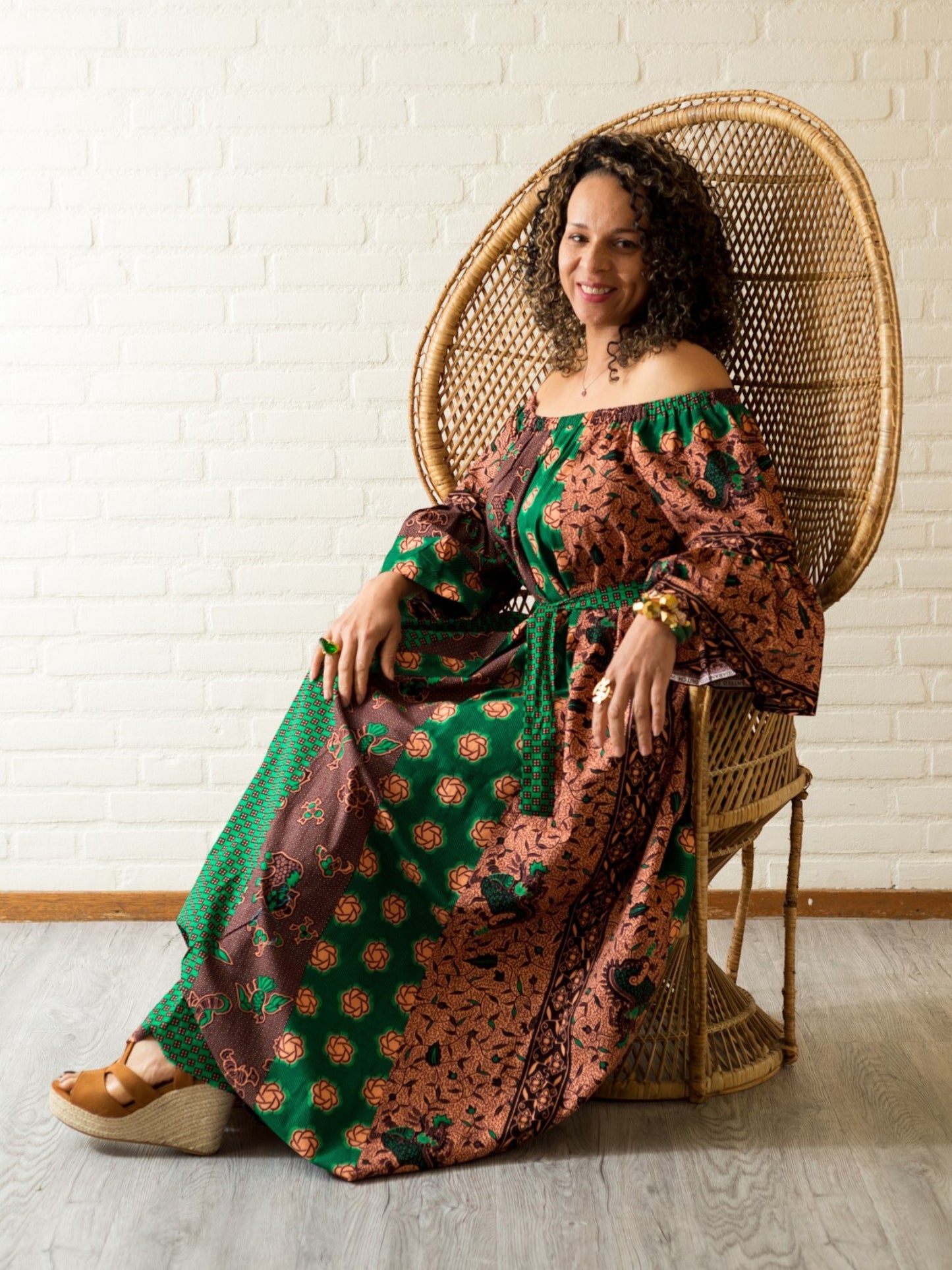 Rich Aunty Off-shoulder Maxi-jurk Groen &Bruin
