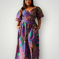 Wrap Top en Maxi Rok met Slit Co-ord Set - Blauw/Roze