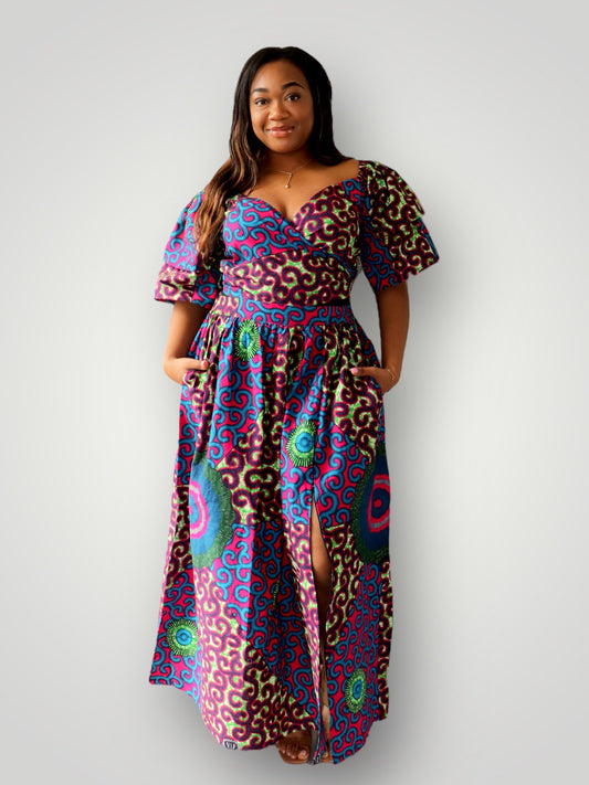 Wrap Top en Maxi Rok met Slit Co-ord Set - Blauw/Roze