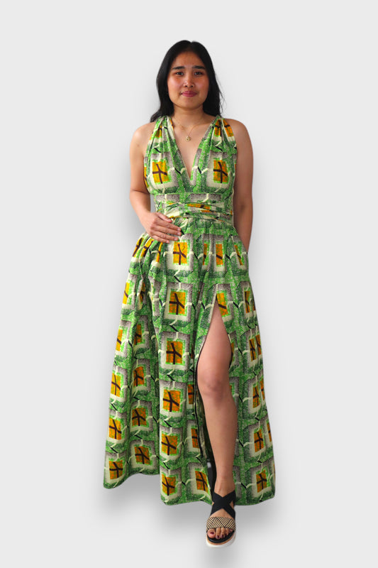 Infinity  Multiway Maxi Jurk van Afrikaanse Print - Groen/Geel