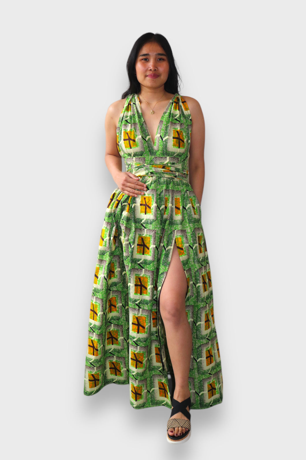 Infinity  Multiway Maxi Jurk van Afrikaanse Print - Groen/Geel