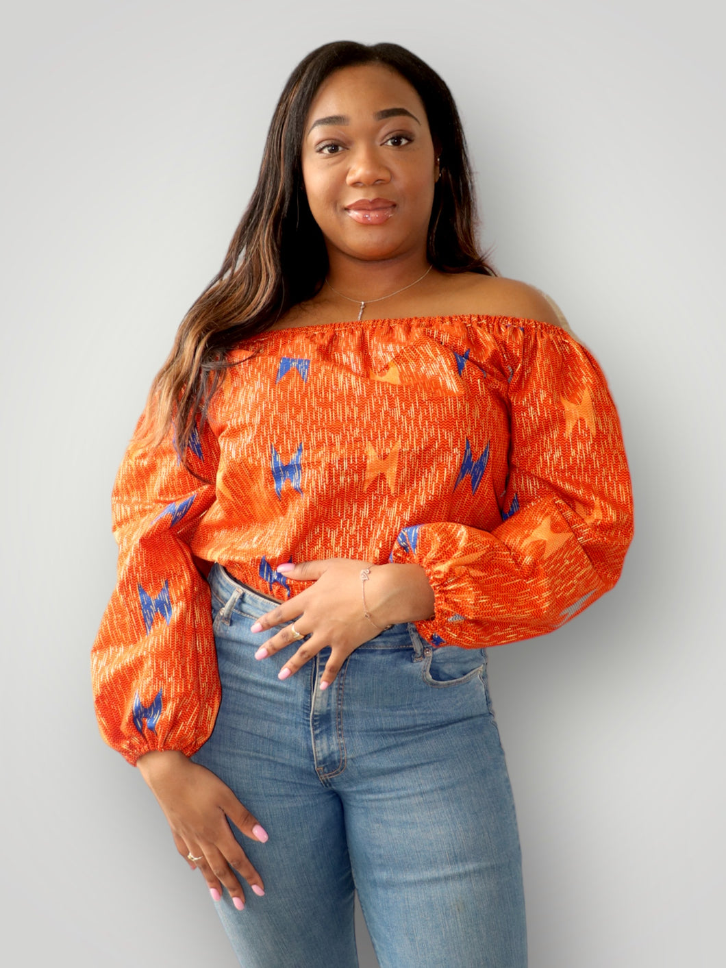 Off Shoulder Top van Afrikaanse Print - Oranje