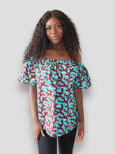 Afbeelding in Gallery-weergave laden, Off Shoulder Top van Afrikaanse - Blauw/Rood
