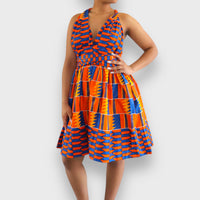 Infinity MultiwayMidi Jurk van Afrikaanse Print - Oranje/Blauw