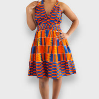 Infinity MultiwayMidi Jurk van Afrikaanse Print - Oranje/Blauw