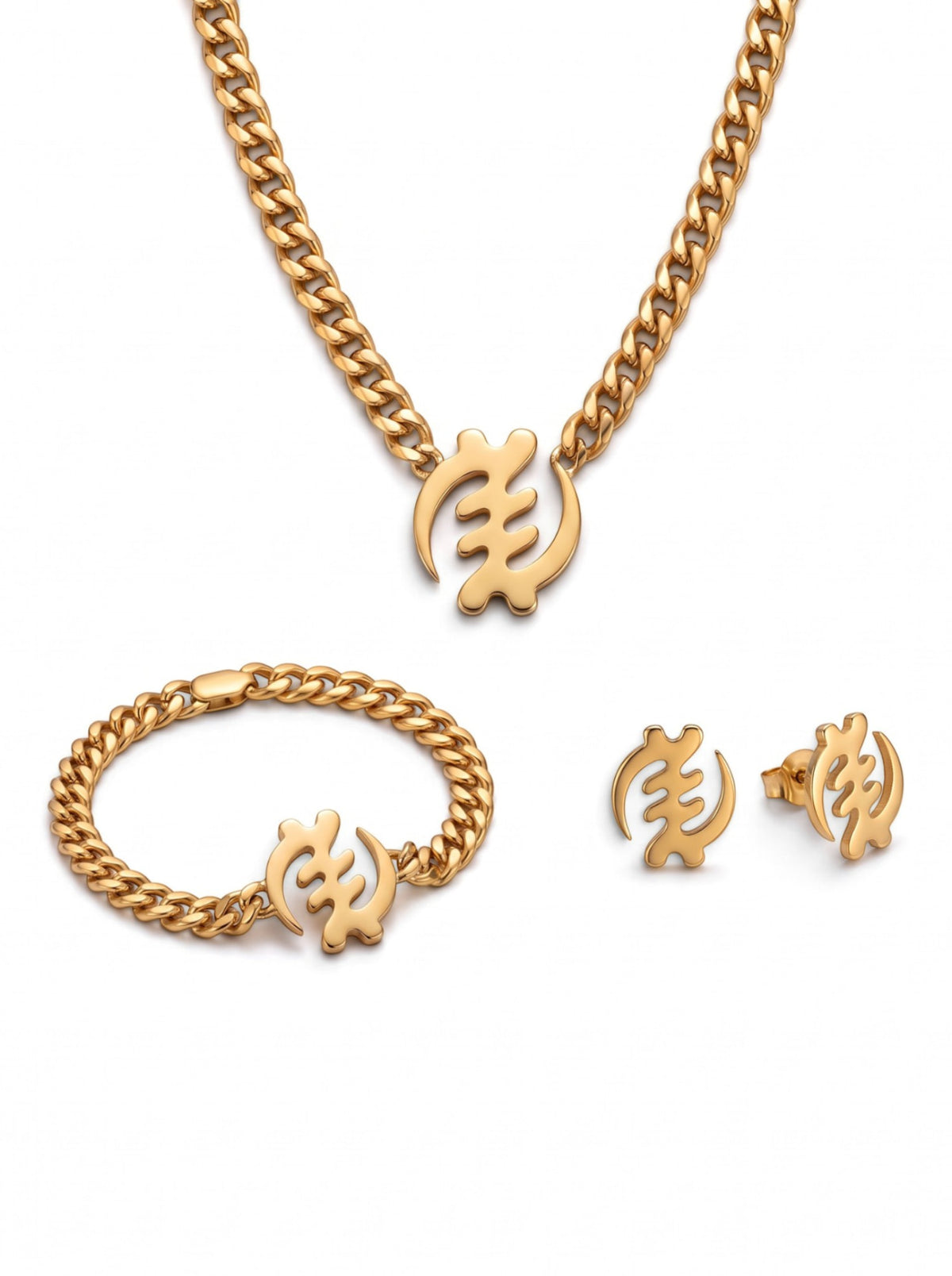 Gouden sieradenset met Gye Nyame symbool, ketting, armband en oorbellen