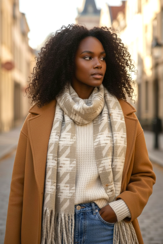 NANA Sjaal met Patronen en Franjes (Beige)