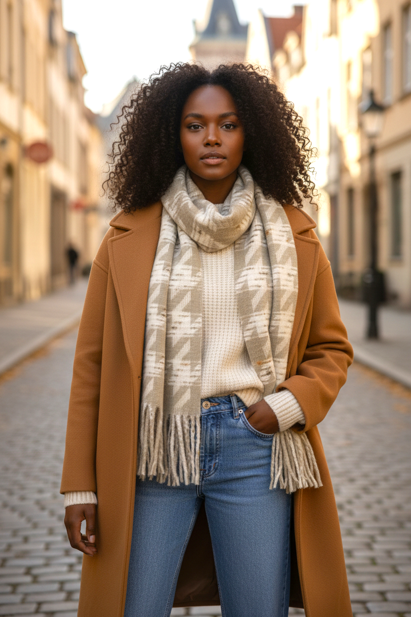 NANA Sjaal met Patronen en Franjes (Beige)