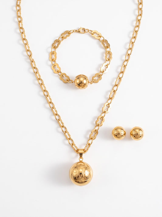 Gouden sieradenset met bol hanger, armband en oorbellen