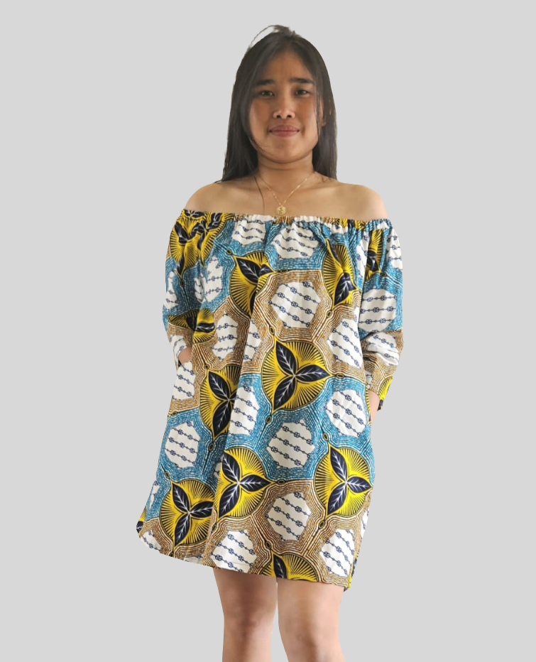 Off Shoulder Midi Jurk van Afrikaanse Print -