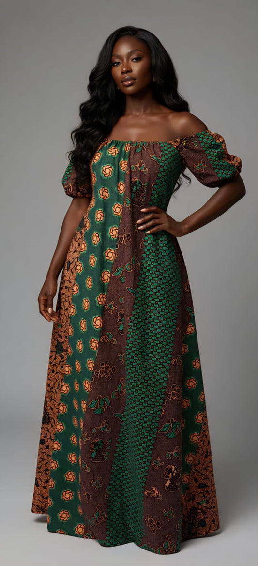 Rich AuntyOff-shoulder Maxi-jurk Groen &Bruin