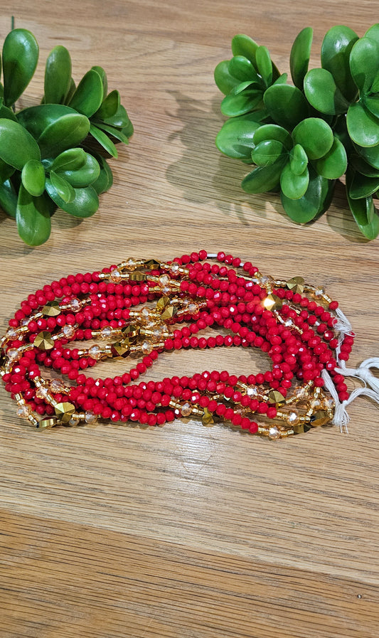 Afrikaanse Waist Beads / Heupketting - Rood-Gold(Traditioneel niet-elastisch koord)