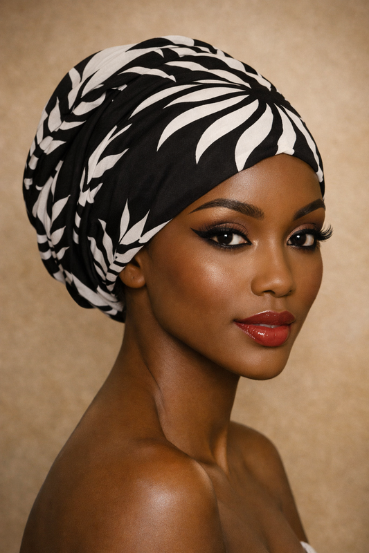 Nana Hoofddoek/Headwrap in Afrikaanse Print Zwart en Wit