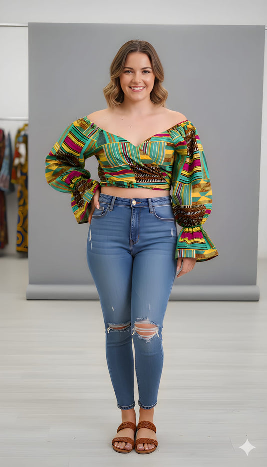 Off Shoulder Wrap Top van      Kente-Print