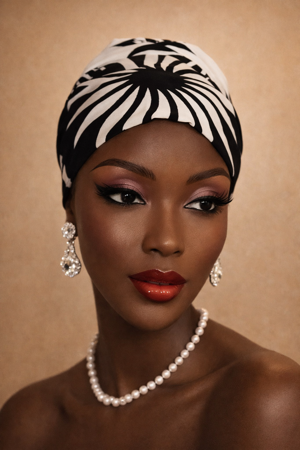 Nana Hoofddoek/Headwrap in Afrikaanse Print Zwart en Wit