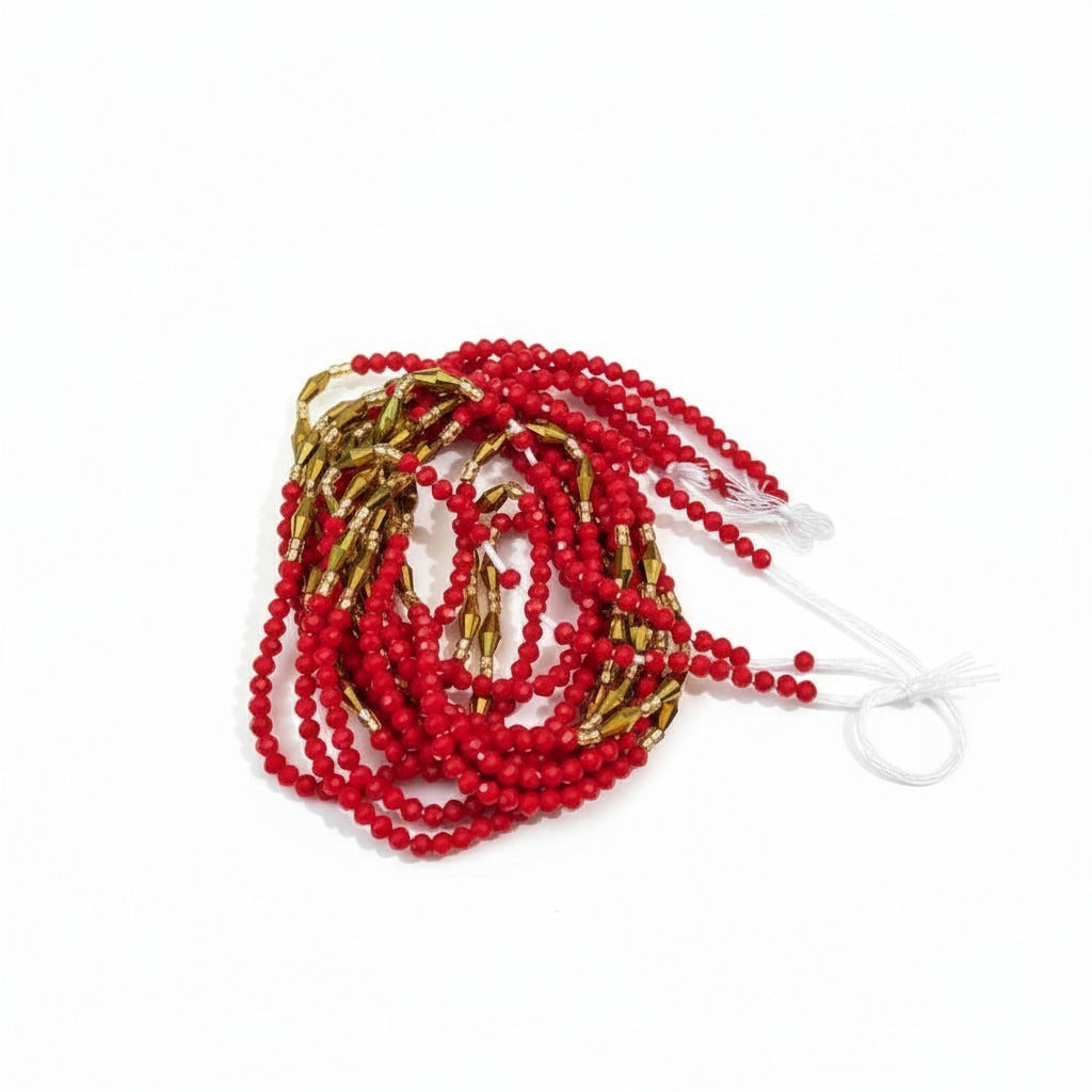 Afrikaanse Waist Beads / Heupketting - Rood-Gold(Traditioneel niet-elastisch koord)