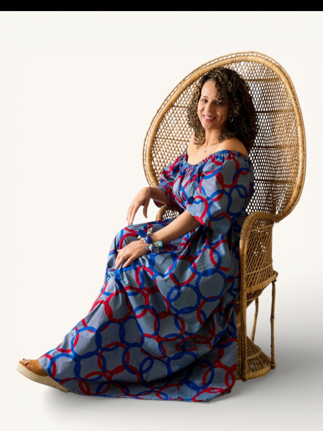 Rich Aunty Off-shoulder Maxi Jurk Blauwe &Rood