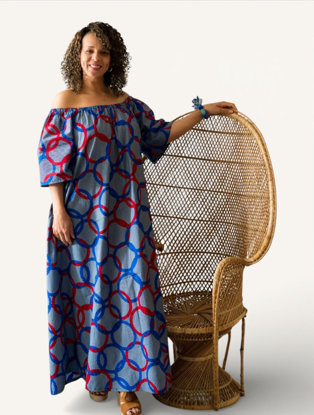 Rich Aunty Off-shoulder Maxi Jurk Blauwe &Rood