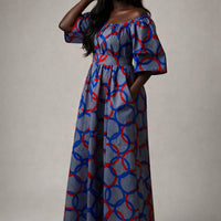 Rich Aunty Off-shoulder Maxi Jurk Blauwe &Rood