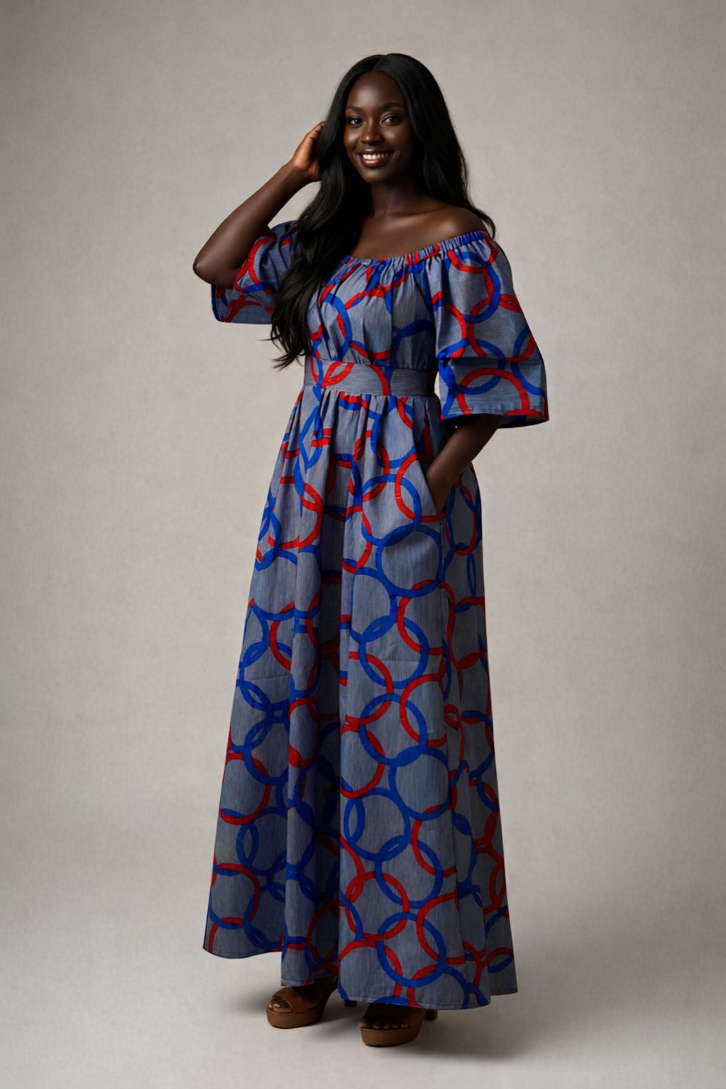 Rich Aunty Off-shoulder Maxi Jurk Blauwe &Rood