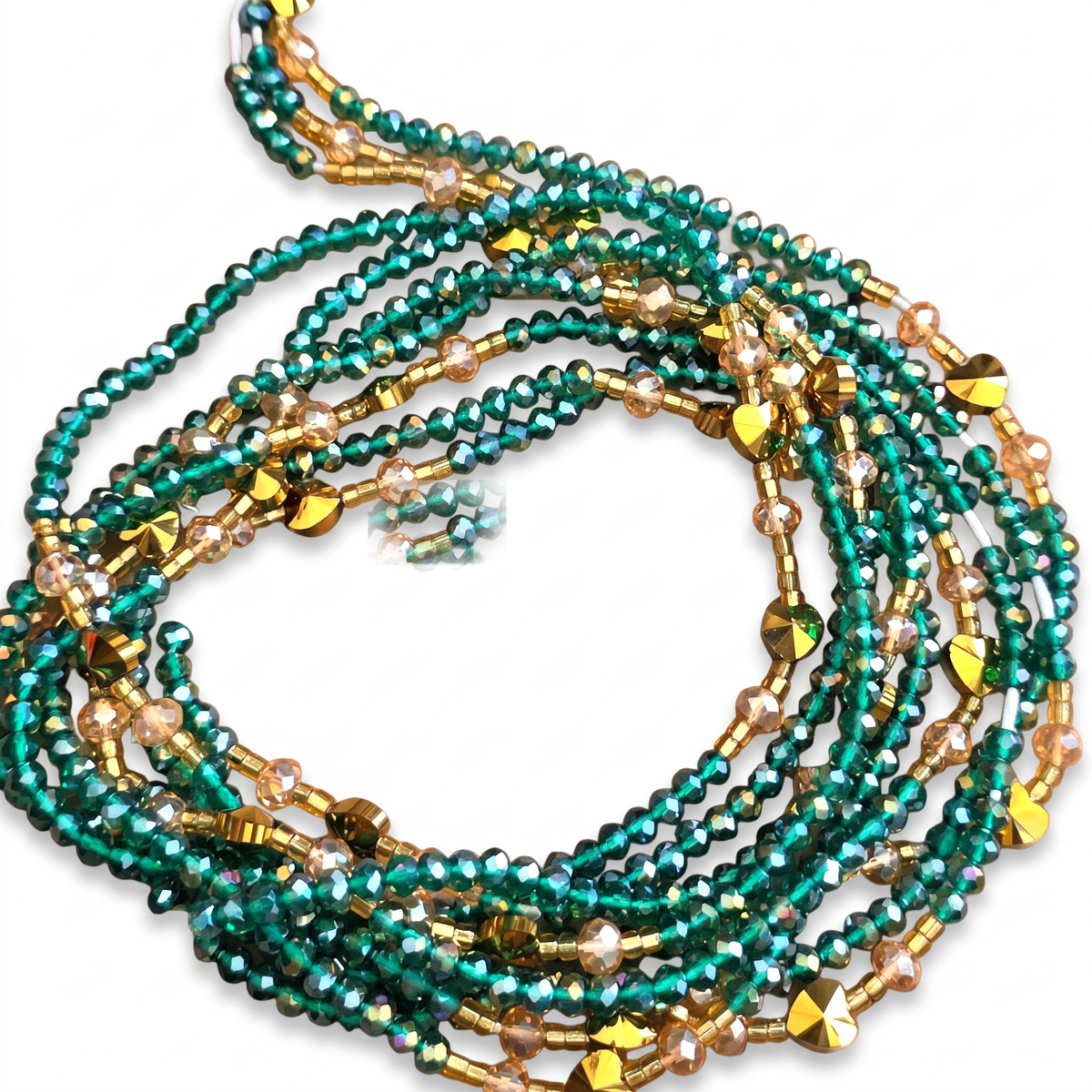 Smaragdgroene waistbeads met gouden en champagnekleurige kralen