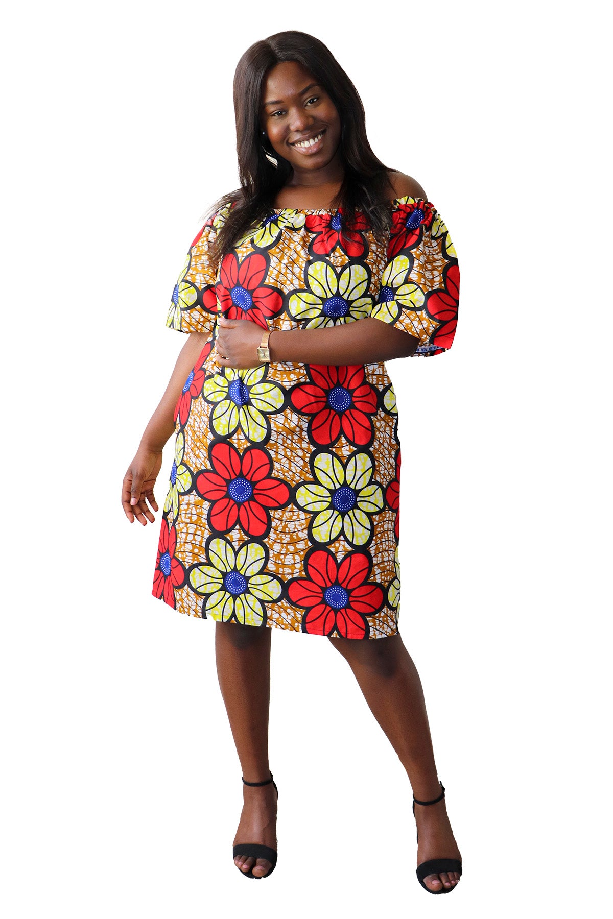 Off Shoulder Midi Jurk in Afrikaanse Print - Multicolor 2