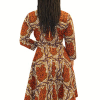 Long Sleeve Midi Jurk van Afrikaanse Print - Bruin/Oranje