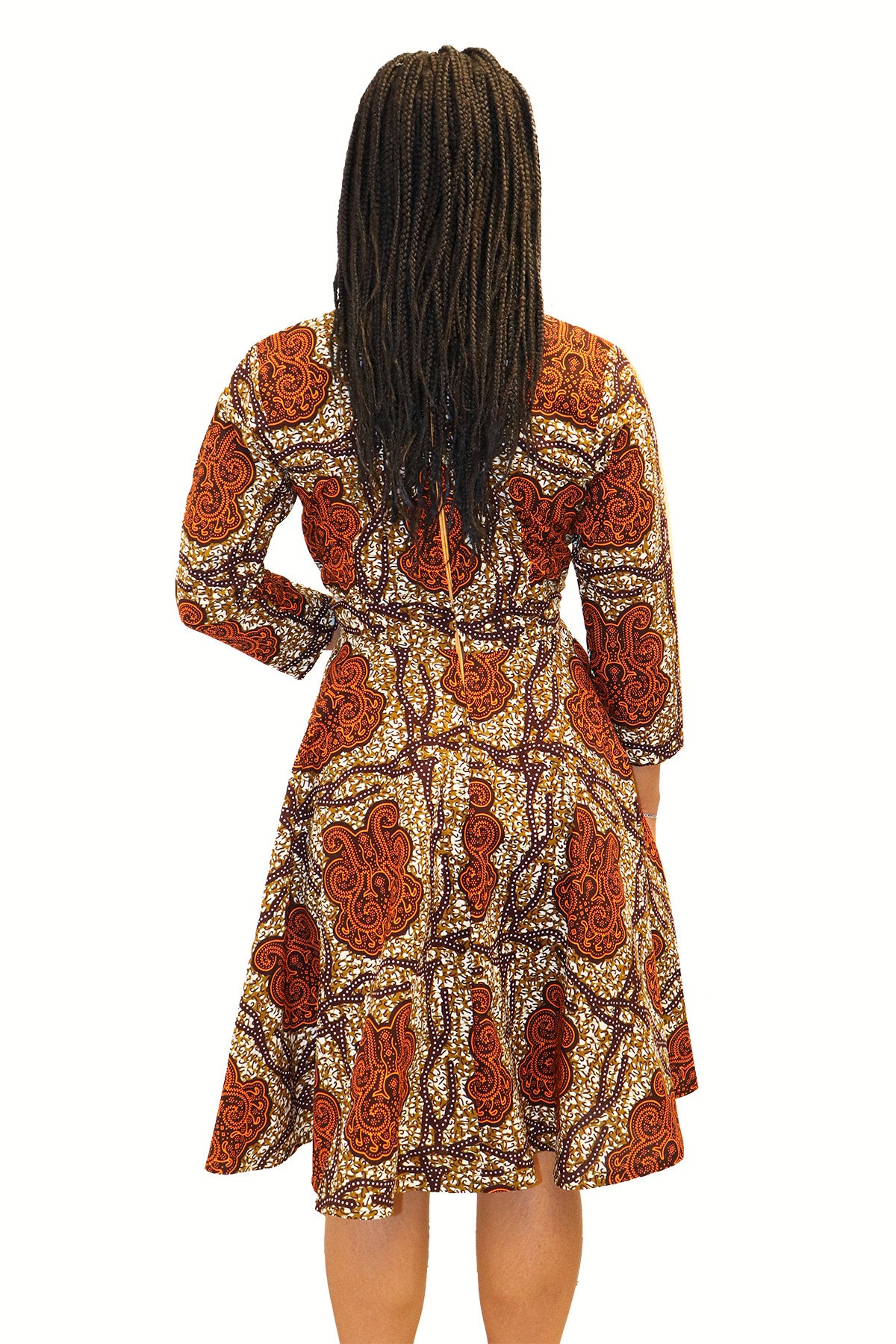 Long Sleeve Midi Jurk van Afrikaanse Print - Bruin/Oranje
