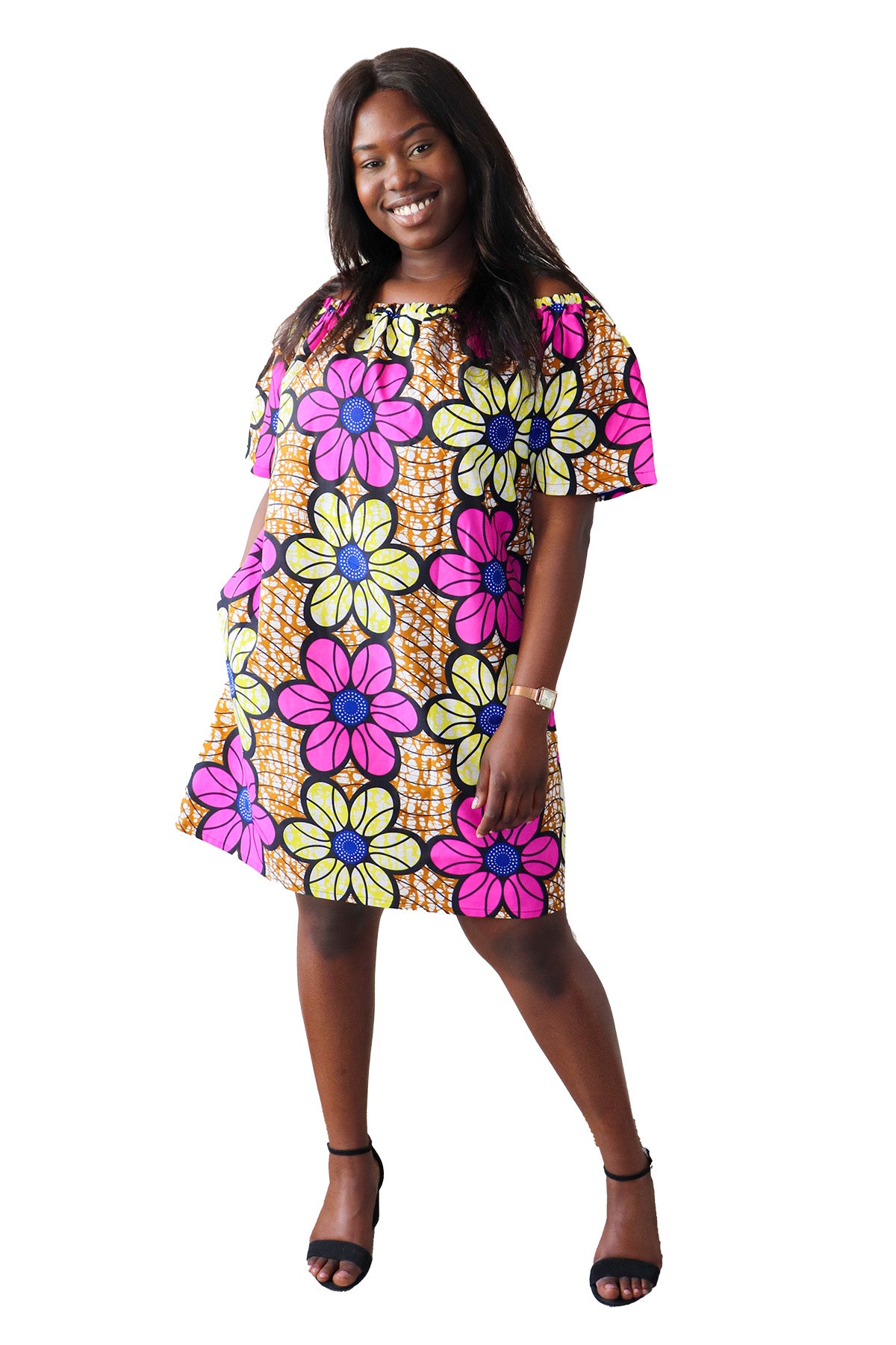 Off Shoulder Midi Jurk van Afrikaanse Print - Multicolor 3